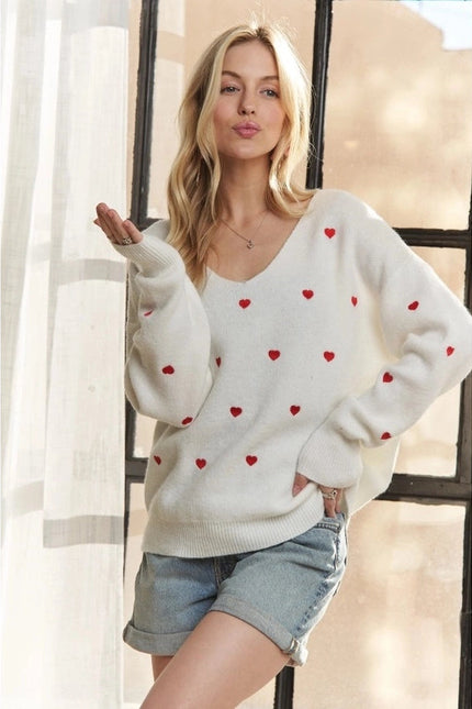 Lovely Heart Drop Shoulder Sweater Cutesy and Charming Style