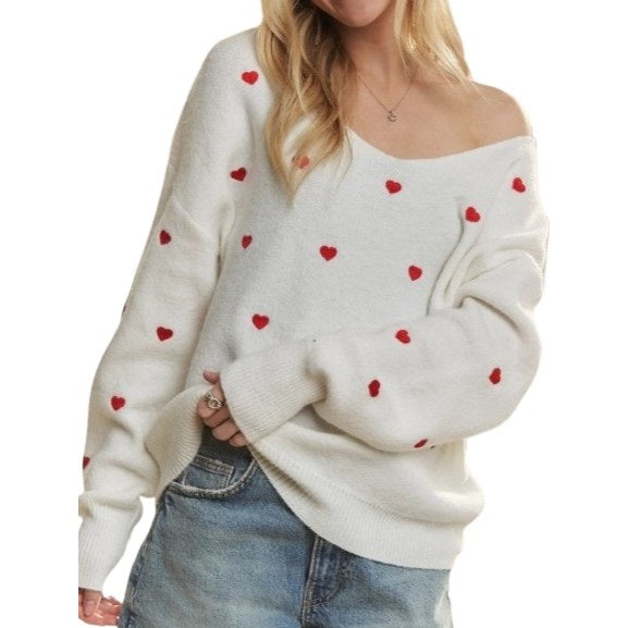 Lovely Heart Drop Shoulder Sweater Cutesy and Charming Style