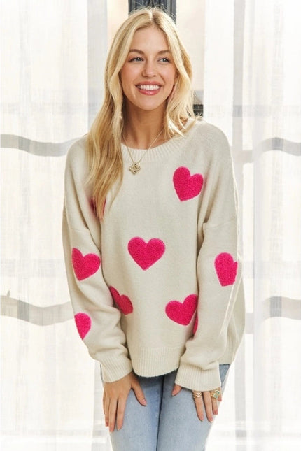 Lovely Heart Drop Shoulder Sweater Soft Knit Cutesy Casual IVORY