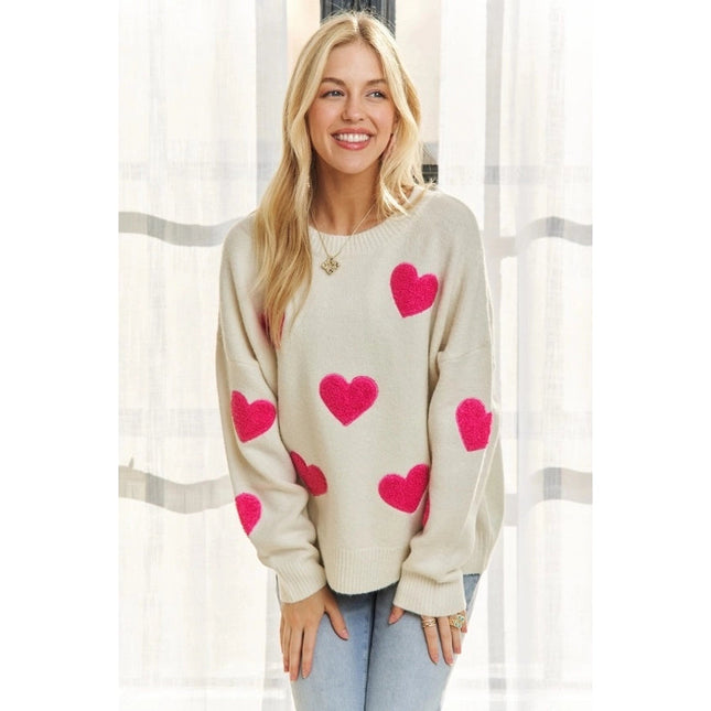 Lovely Heart Drop Shoulder Sweater Soft Knit Cutesy Casual IVORY