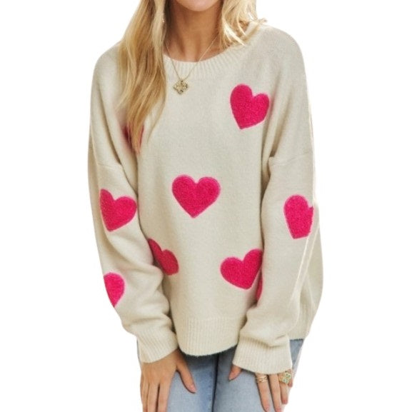 Lovely Heart Drop Shoulder Sweater Soft Knit Cutesy Casual IVORY