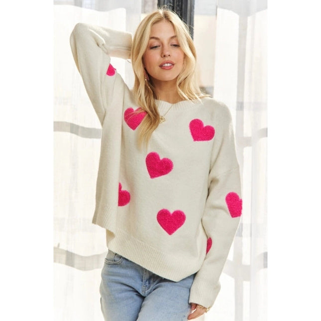 Lovely Heart Drop Shoulder Sweater Soft Knit Cutesy Casual IVORY