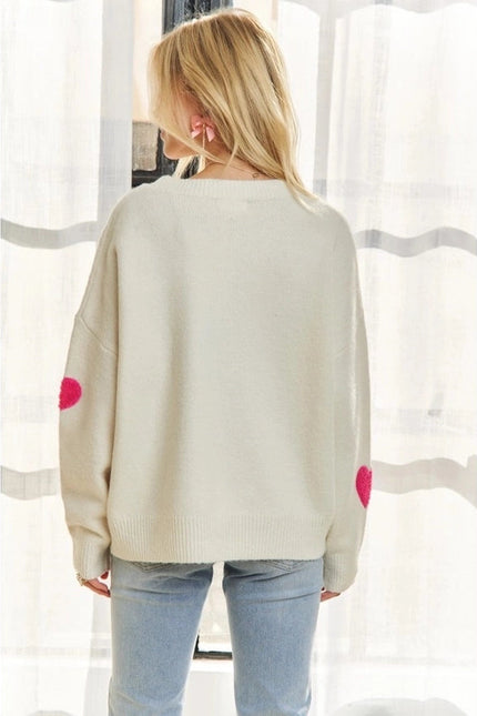 Lovely Heart Drop Shoulder Sweater Soft Knit Cutesy Casual IVORY