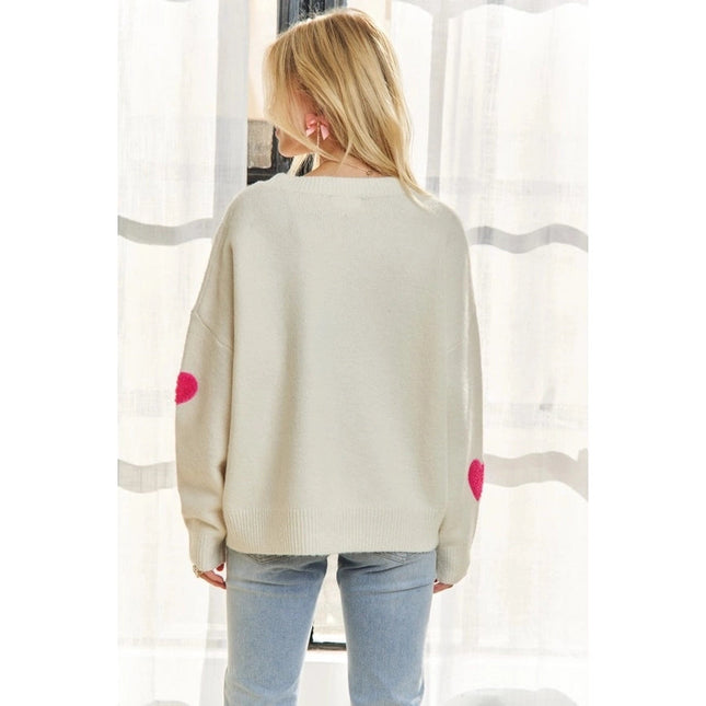 Lovely Heart Drop Shoulder Sweater Soft Knit Cutesy Casual IVORY