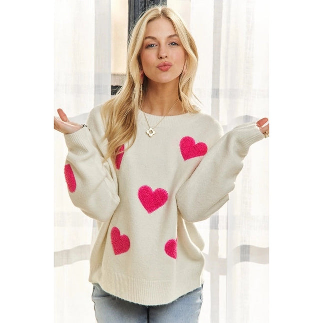 Lovely Heart Drop Shoulder Sweater Soft Knit Cutesy Casual IVORY