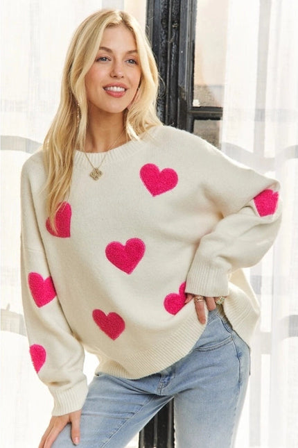 Lovely Heart Drop Shoulder Sweater Soft Knit Cutesy Casual IVORY