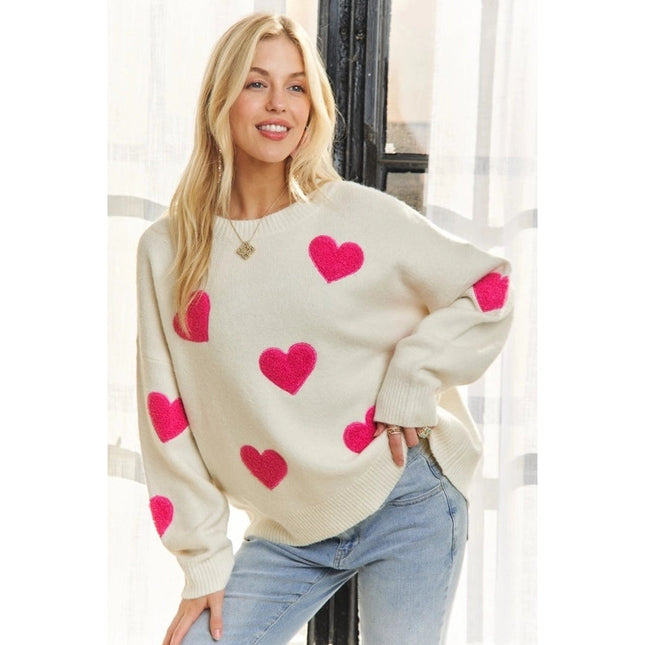 Lovely Heart Drop Shoulder Sweater Soft Knit Cutesy Casual IVORY