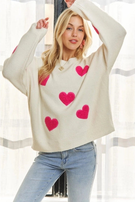 Lovely Heart Drop Shoulder Sweater Soft Knit Cutesy Casual IVORY