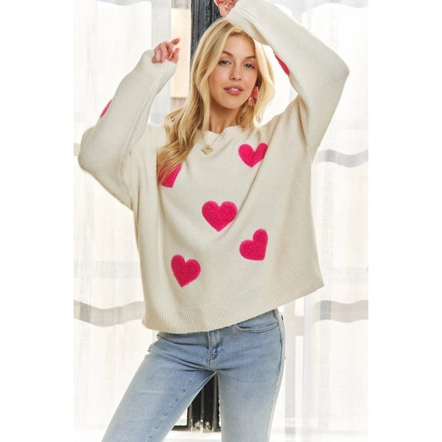 Lovely Heart Drop Shoulder Sweater Soft Knit Cutesy Casual IVORY