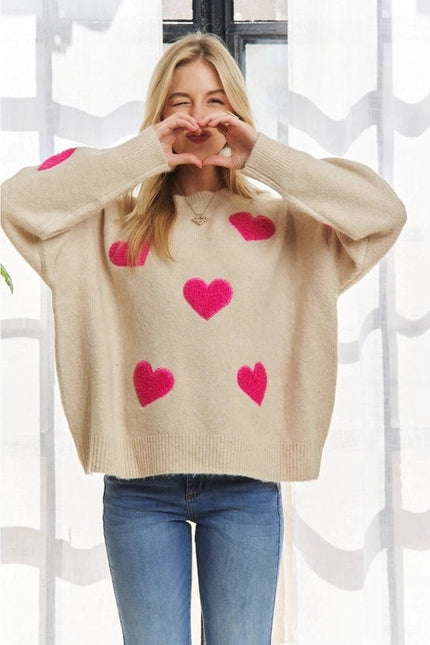 Lovely Heart Drop Shoulder Sweater Soft Knit Cutesy Casual OATMEAL