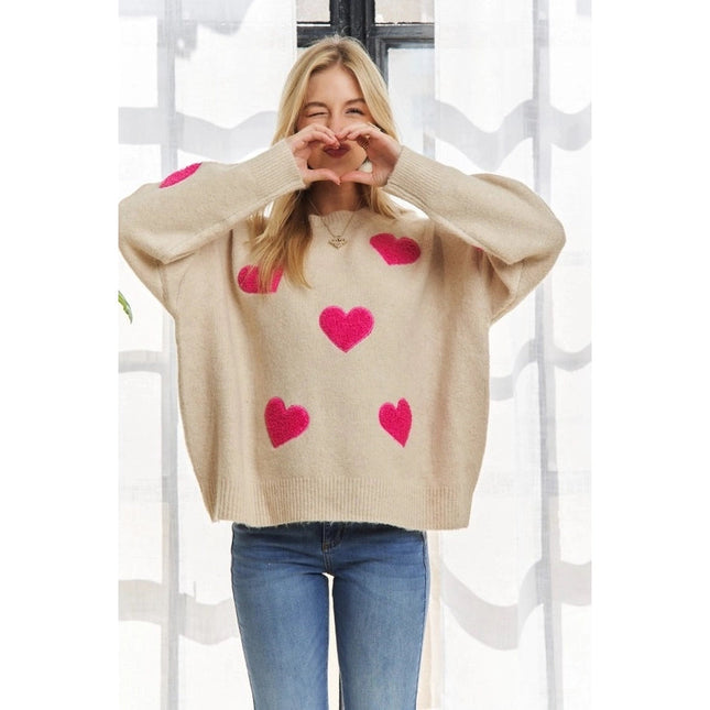 Lovely Heart Drop Shoulder Sweater Soft Knit Cutesy Casual OATMEAL