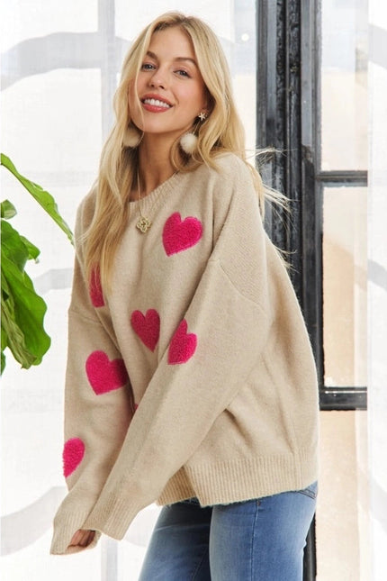 Lovely Heart Drop Shoulder Sweater Soft Knit Cutesy Casual OATMEAL