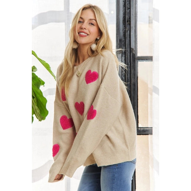 Lovely Heart Drop Shoulder Sweater Soft Knit Cutesy Casual OATMEAL