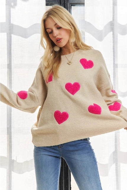 Lovely Heart Drop Shoulder Sweater Soft Knit Cutesy Casual OATMEAL