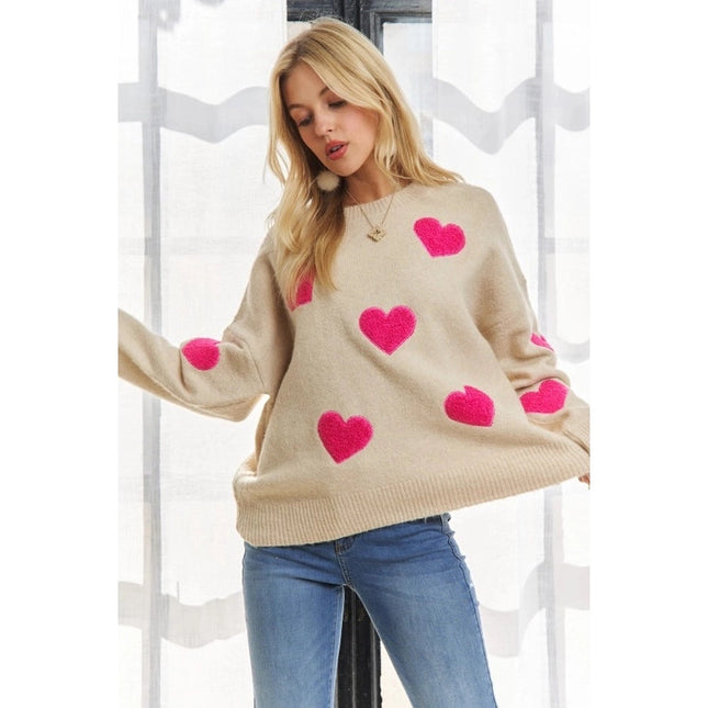 Lovely Heart Drop Shoulder Sweater Soft Knit Cutesy Casual OATMEAL