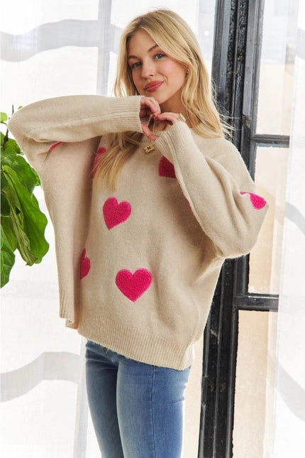 Lovely Heart Drop Shoulder Sweater Soft Knit Cutesy Casual OATMEAL