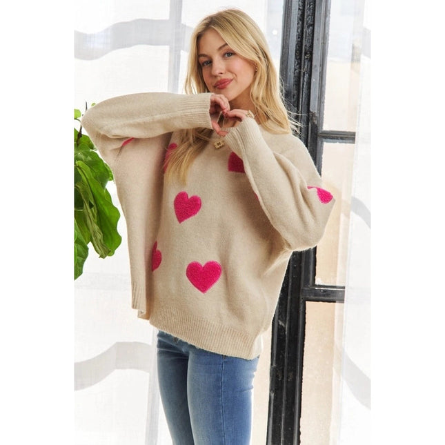 Lovely Heart Drop Shoulder Sweater Soft Knit Cutesy Casual OATMEAL