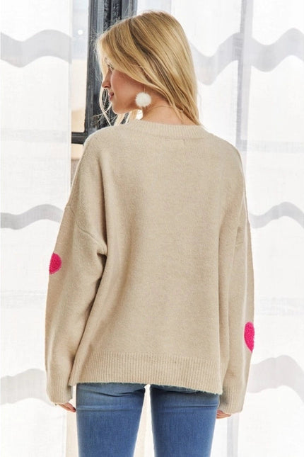 Lovely Heart Drop Shoulder Sweater Soft Knit Cutesy Casual OATMEAL