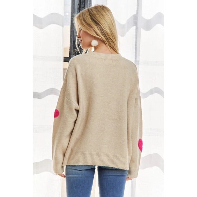 Lovely Heart Drop Shoulder Sweater Soft Knit Cutesy Casual OATMEAL