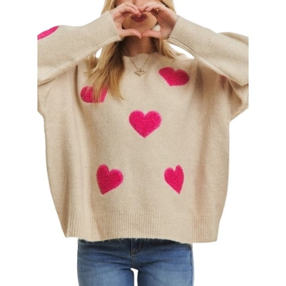 Lovely Heart Drop Shoulder Sweater Soft Knit Cutesy Casual OATMEAL