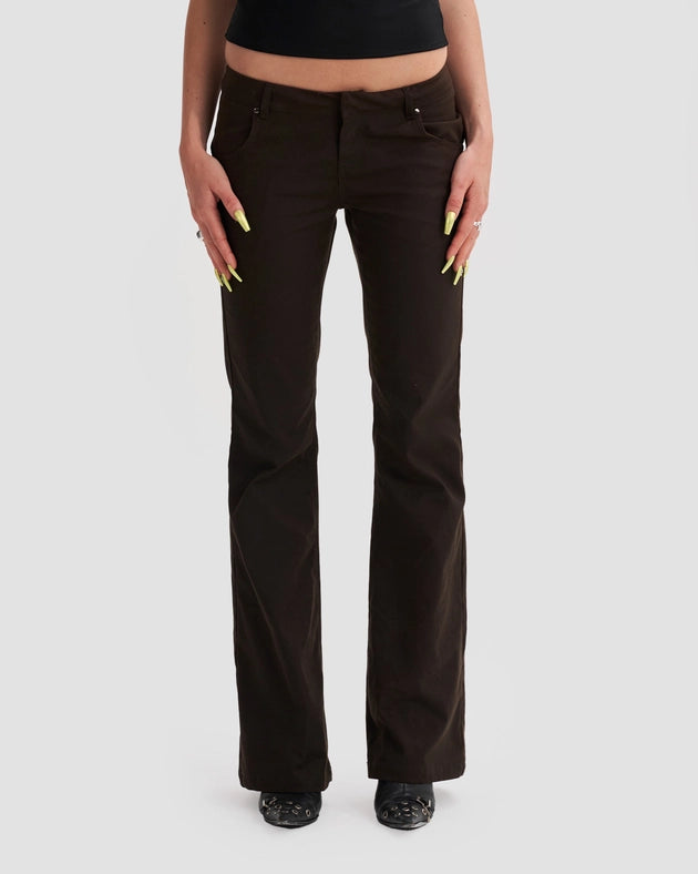 Low Waist Waxed Boot Cut Slim Trousers in Brown