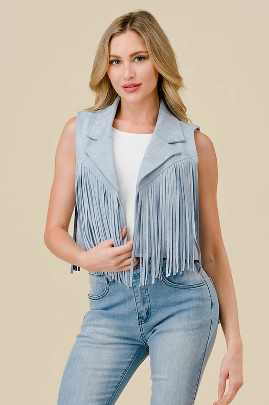 Lt Blue Collared Suede Fringe Vest