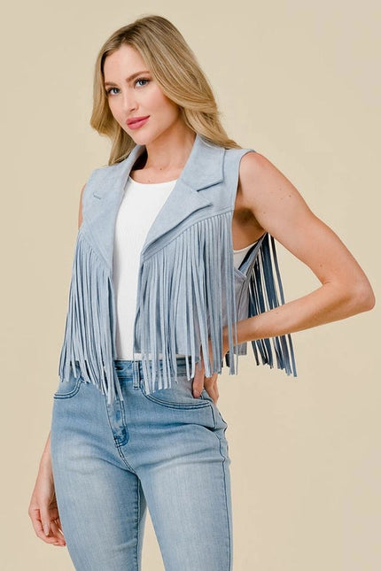 Lt Blue Collared Suede Fringe Vest