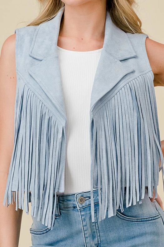 Lt Blue Collared Suede Fringe Vest