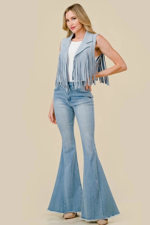 Lt Blue Collared Suede Fringe Vest