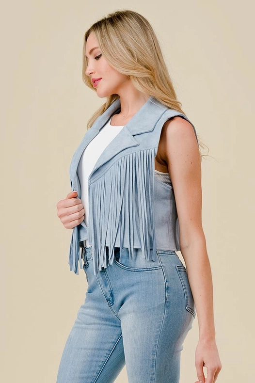 Lt Blue Collared Suede Fringe Vest