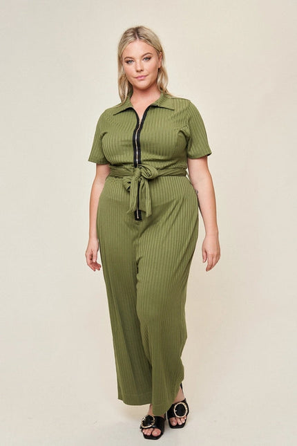 “Lucia" Knit Belted Jumpsuit in Olive