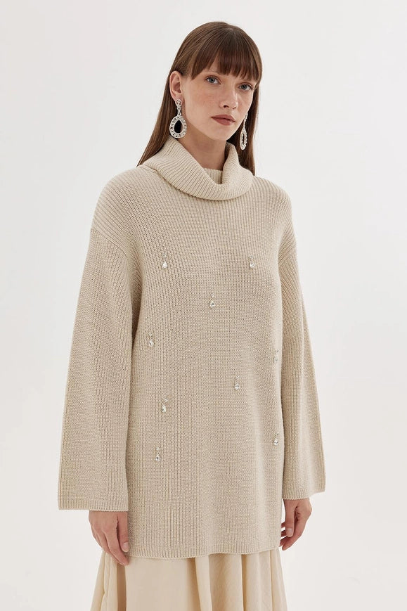 Lurex Stone Embroidered Knit Sweater Bone-Sweater-Kadriye Baştürk-S-Urbanheer