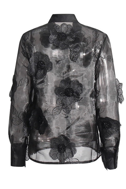 Luxe Organza Shirt with 3D Floral Sequin Detail Black