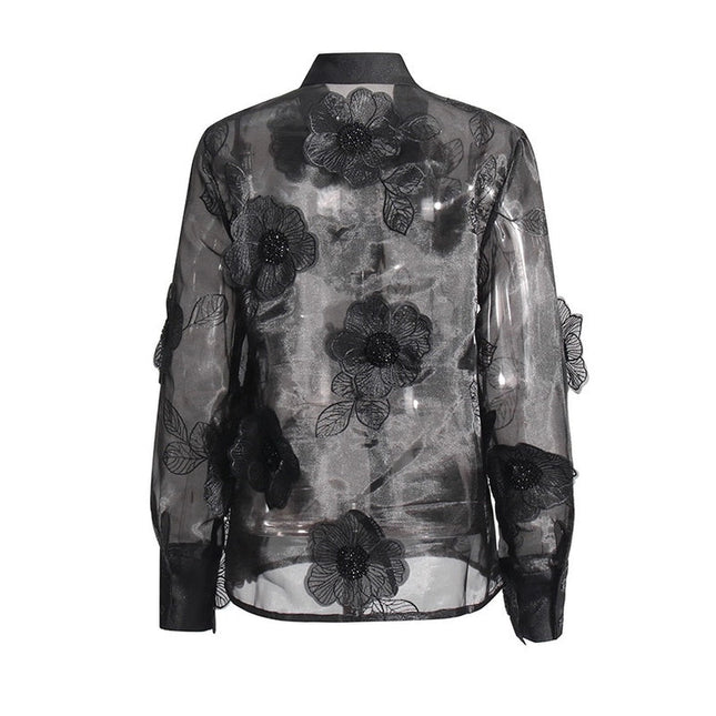 Luxe Organza Shirt with 3D Floral Sequin Detail Black