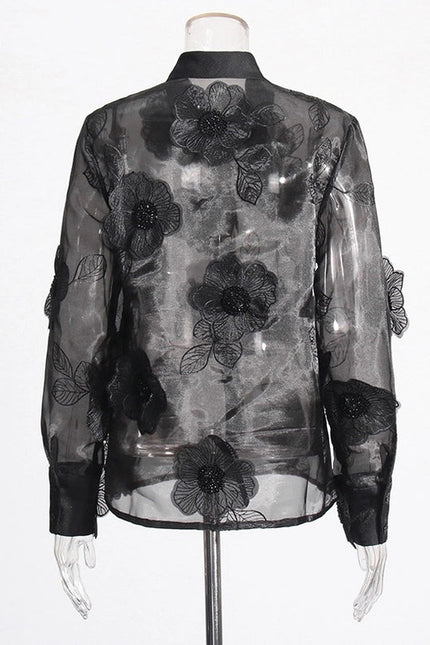 Luxe Organza Shirt with 3D Floral Sequin Detail Black