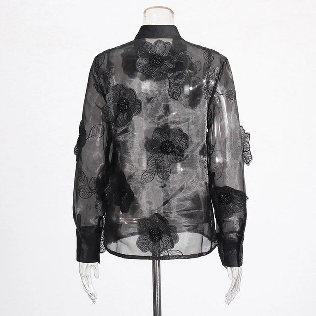 Luxe Organza Shirt with 3D Floral Sequin Detail Black