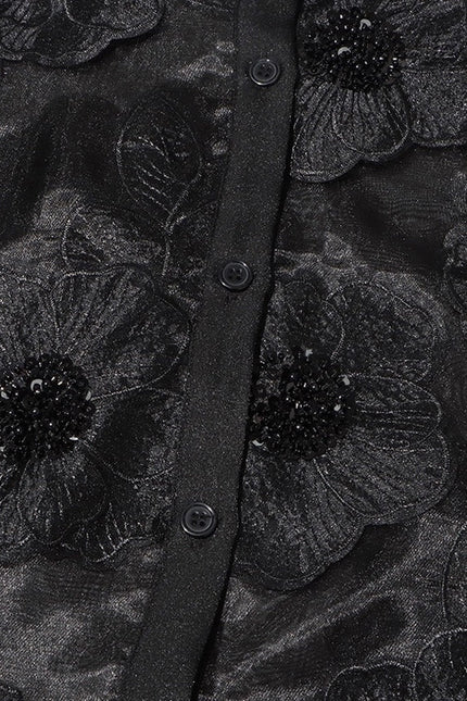 Luxe Organza Shirt with 3D Floral Sequin Detail Black