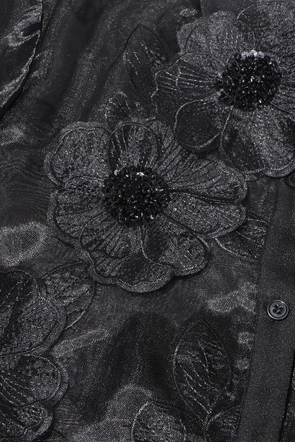 Luxe Organza Shirt with 3D Floral Sequin Detail Black