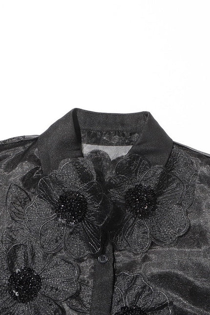 Luxe Organza Shirt with 3D Floral Sequin Detail Black