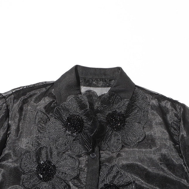 Luxe Organza Shirt with 3D Floral Sequin Detail Black