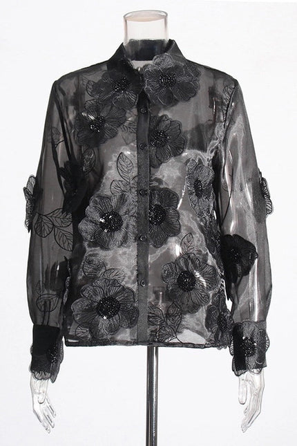 Luxe Organza Shirt with 3D Floral Sequin Detail Black