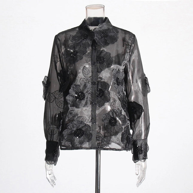 Luxe Organza Shirt with 3D Floral Sequin Detail Black