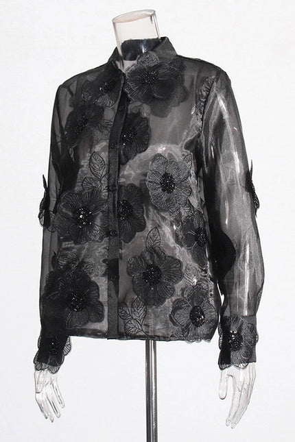 Luxe Organza Shirt with 3D Floral Sequin Detail Black