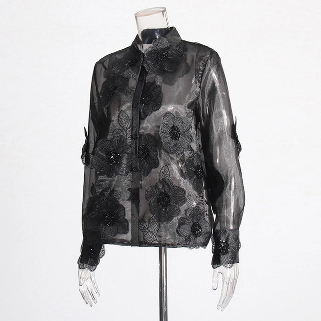 Luxe Organza Shirt with 3D Floral Sequin Detail Black