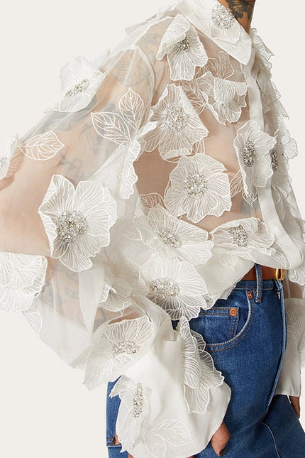 Luxe Organza Shirt with 3D Floral Sequin Detail White