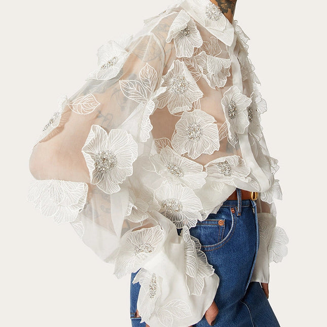 Luxe Organza Shirt with 3D Floral Sequin Detail White