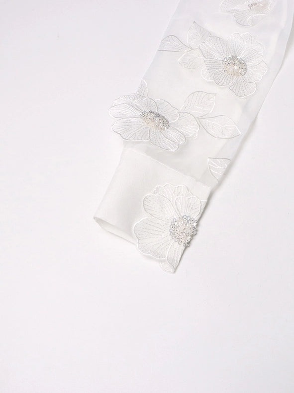 Luxe Organza Shirt with 3D Floral Sequin Detail White