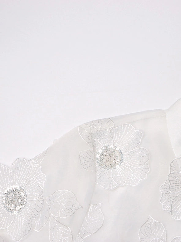 Luxe Organza Shirt with 3D Floral Sequin Detail White