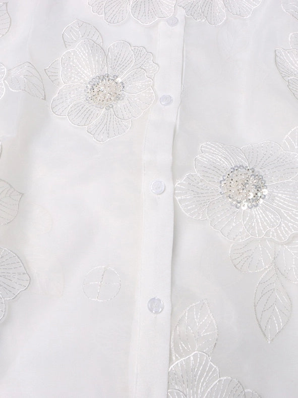 Luxe Organza Shirt with 3D Floral Sequin Detail White