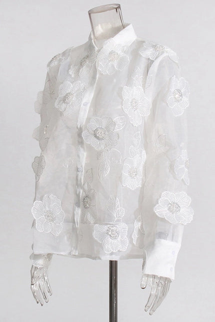 Luxe Organza Shirt with 3D Floral Sequin Detail White